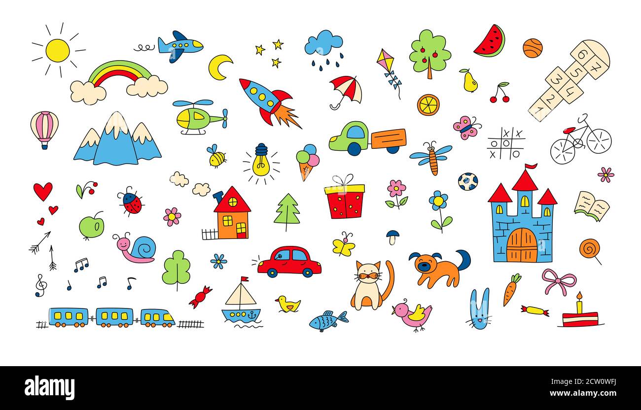 Big set of children drawings. Hand drawn kid doodle Stock Vector Image ...