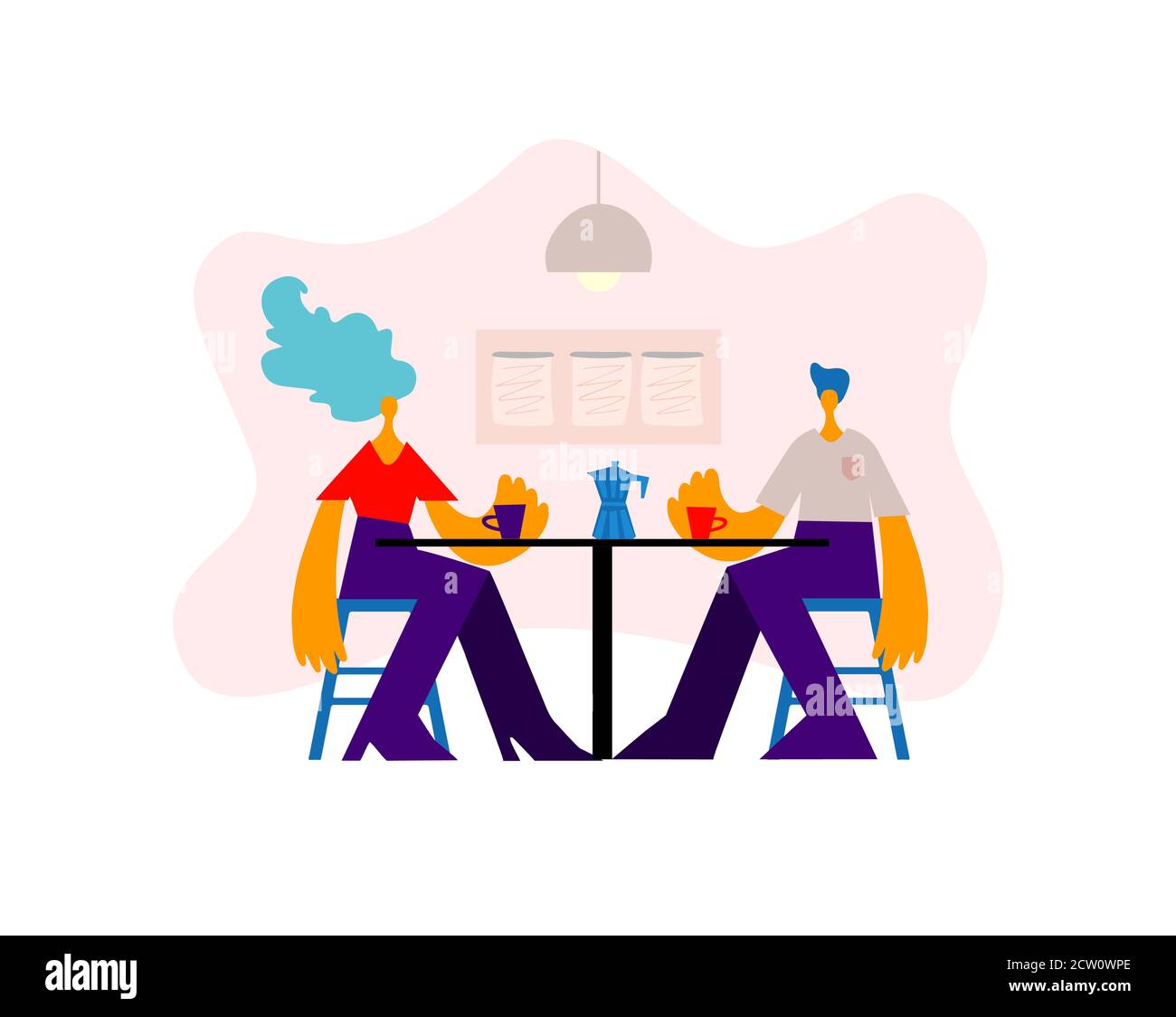 Happy man and woman sitting at the table chatting with mocha coffee in restaurant. Friends, colleagues, business meeting concept illustration vector. Stock Vector