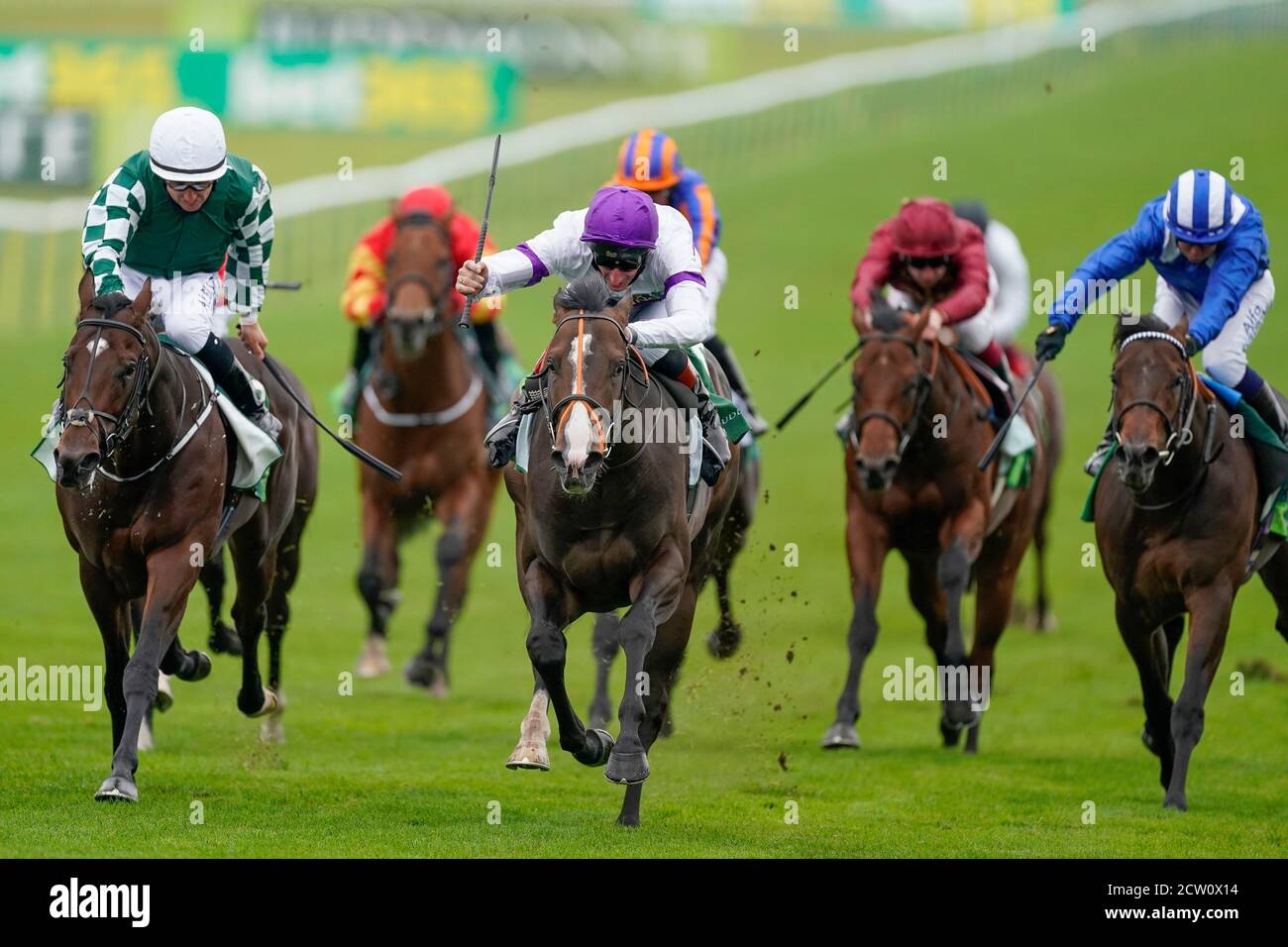 Supremacy ridden by jockey Adam Kirby (centre) wins The Juddmonte Middle Park Stakes during day three of The Cambridgeshire Meeting at Newmarket Racecourse. Stock Photo