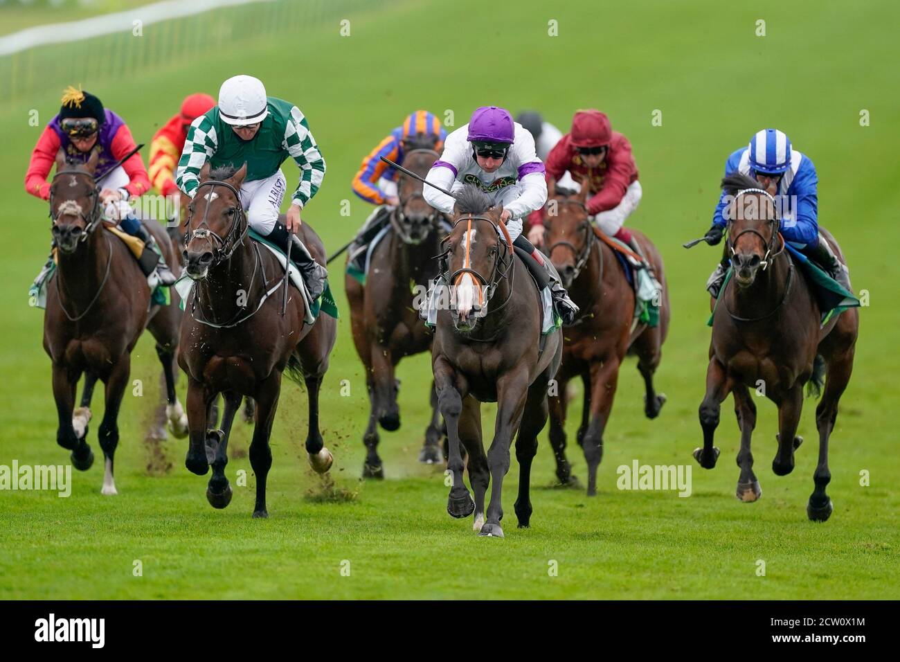 Supremacy ridden by jockey Adam Kirby (centre) wins The Juddmonte Middle Park Stakes during day three of The Cambridgeshire Meeting at Newmarket Racecourse. Stock Photo
