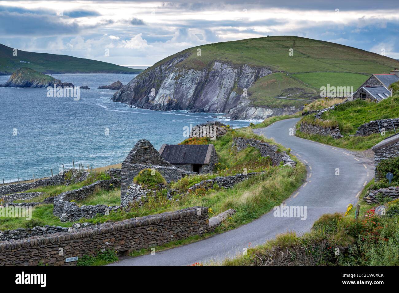 Evening over village of Coumeenoole along the coastline of the Dingle Peninsula, County Kerry, Republic of Ireland Stock Photo