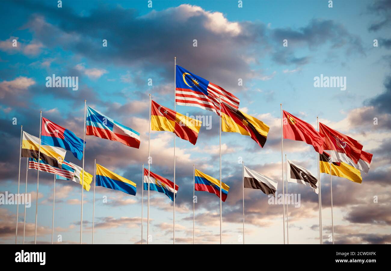 All Flags of States and territories of Malaysia waving in the sky. Flag of Selangor, Kuala Lumpur, Sabah, Johor, Sarawak, Perak, Kedah, Kelantan Stock Photo