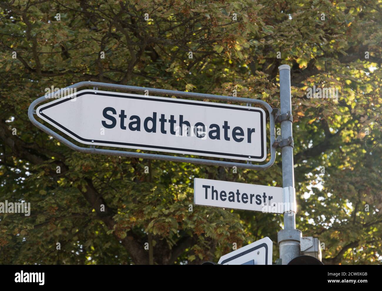 information sign with german inscription for city theatre and theatre street Stock Photo
