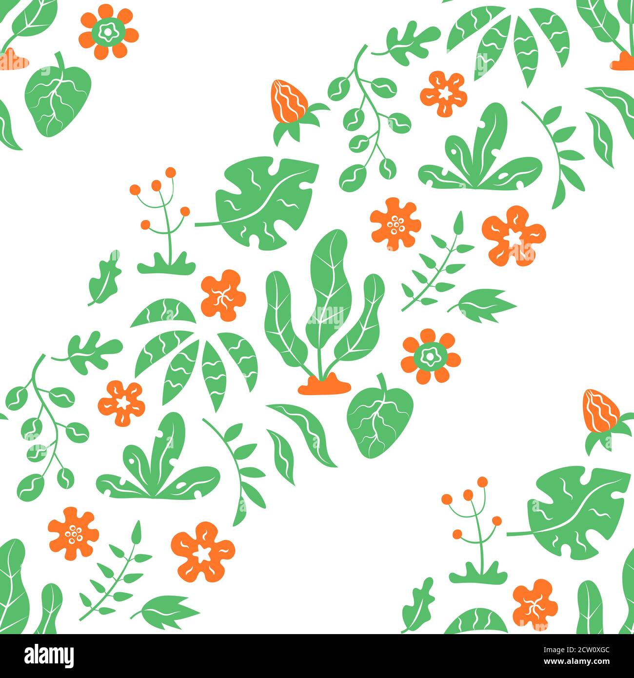 Seamless pattern with tropical green leaves and orange flowers on white ...