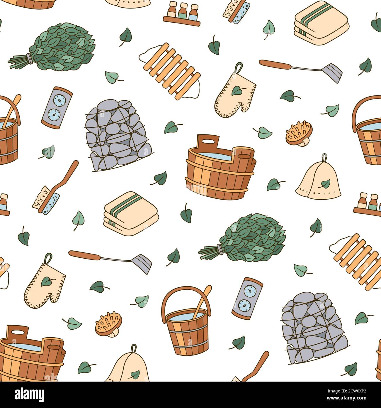 Sauna and Bathhouse accessories. Hand drawn seamless pattern. Stock Vector