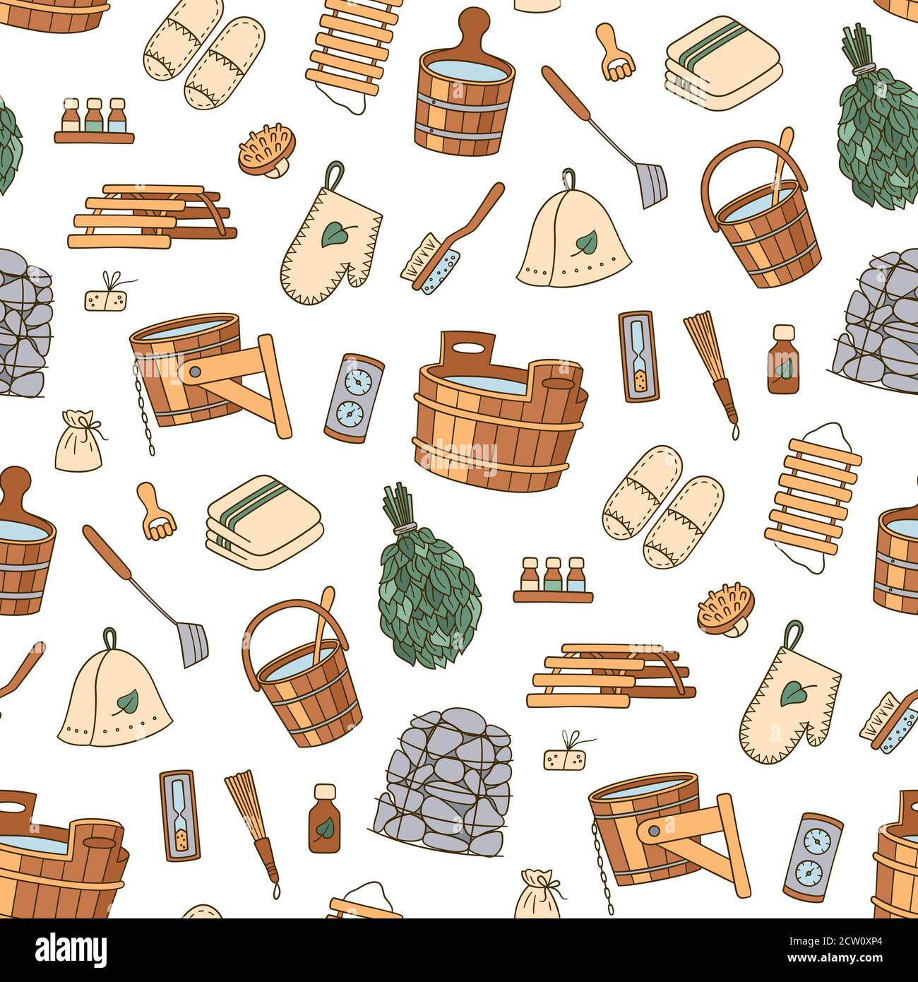 Sauna and Bathhouse accessories. Hand drawn seamless pattern. Stock Vector