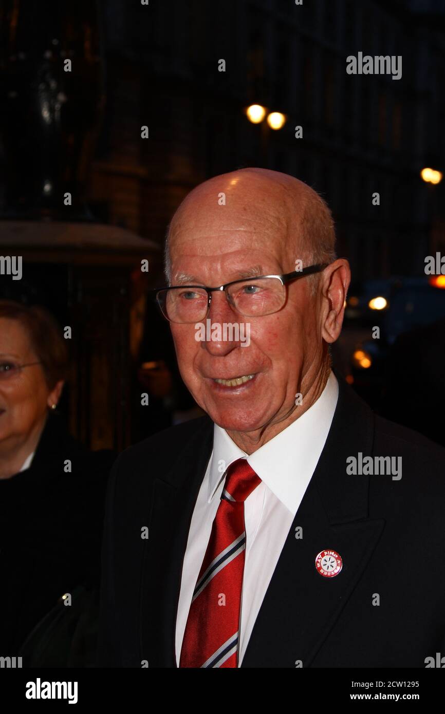 Bobby Charlton football legend in London. World cup football winning team member in 1966 world cup tournament. World beaters. Sport legends. Footballers. Sportsmen. Great British sport stars. Brother of Jack Charlton English International footballer. Team England. England football team. English football legends. World beating. Champions. Russell Moore portfolio page. Stock Photo