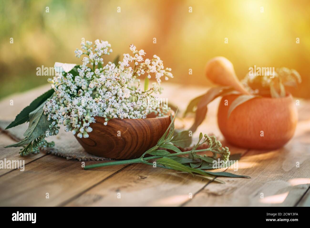 Fresh valerian flowers in wooden plate on table. mortar with prepared potion of valerian root. use of medicinal plants in traditional medicine. Stock Photo