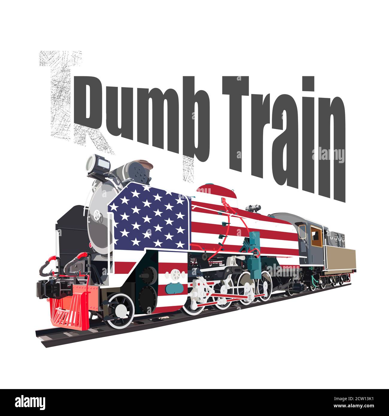 Dumb train wordplay from Trump train, steam locomotive with US flag isolated on white background. vector illustration. Stock Vector