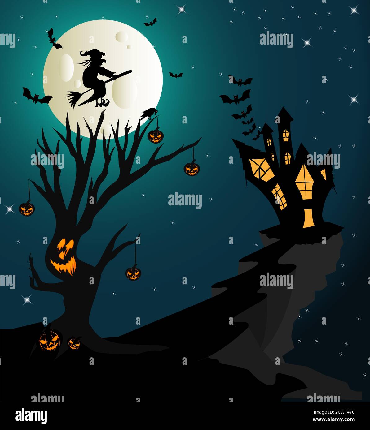 Spooky Halloween tree with witch flying on broom to her home vector illustration for banners, party invitations and greeting cards. Stock Vector