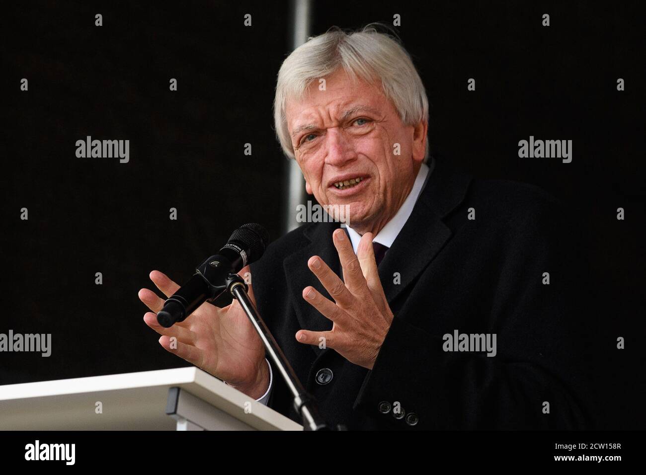 Wolfhagen, Germany. 25th Sep, 2020. Volker Bouffier (CDU), Prime Minister of Hesse, speaks at the ceremony to mark the renaming of the Wilhelm Filchner School to Walter Lübcke School. Former Kassel District President Walter Lübcke was murdered on the terrace of his house in Wolfhagen-Istha on the night of 02.06.2019. Credit: Swen Pförtner/dpa/Alamy Live News Stock Photo