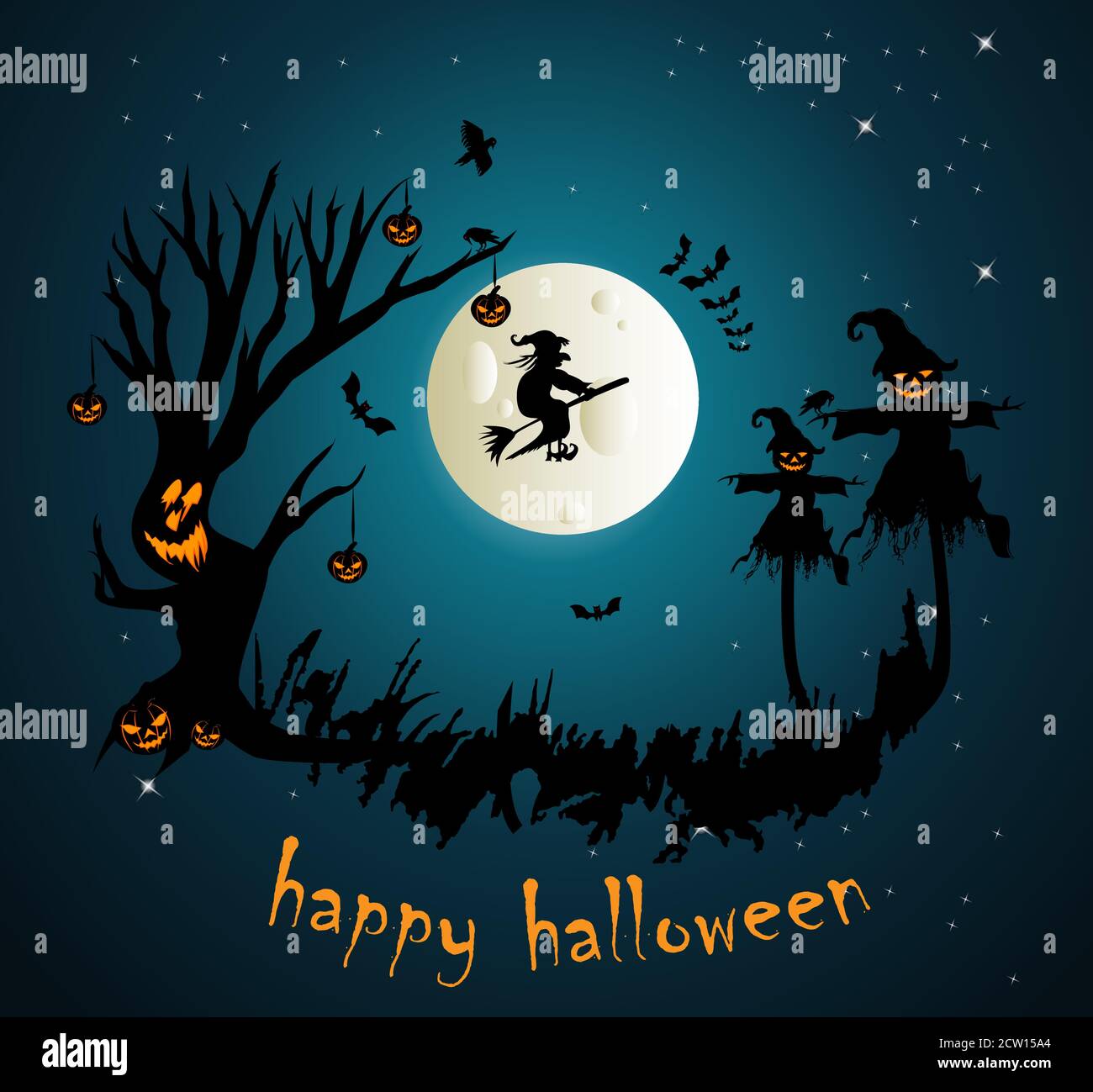 Spooky Halloween tree with scarecrows and witch flying on broom vector illustration for banners, party invitations and greeting cards. Stock Vector