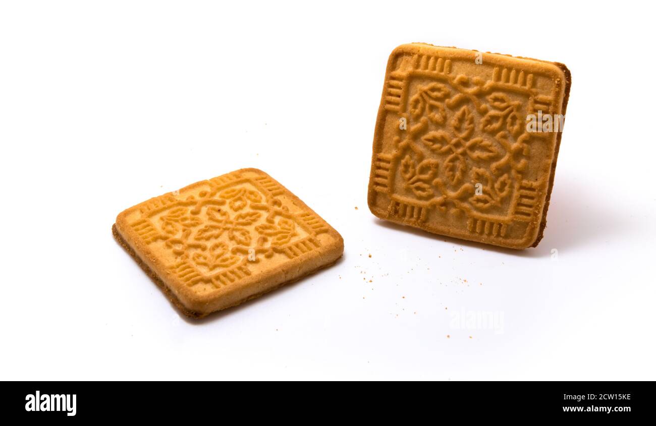 Several tasty crackers isolated on white background Stock Photo