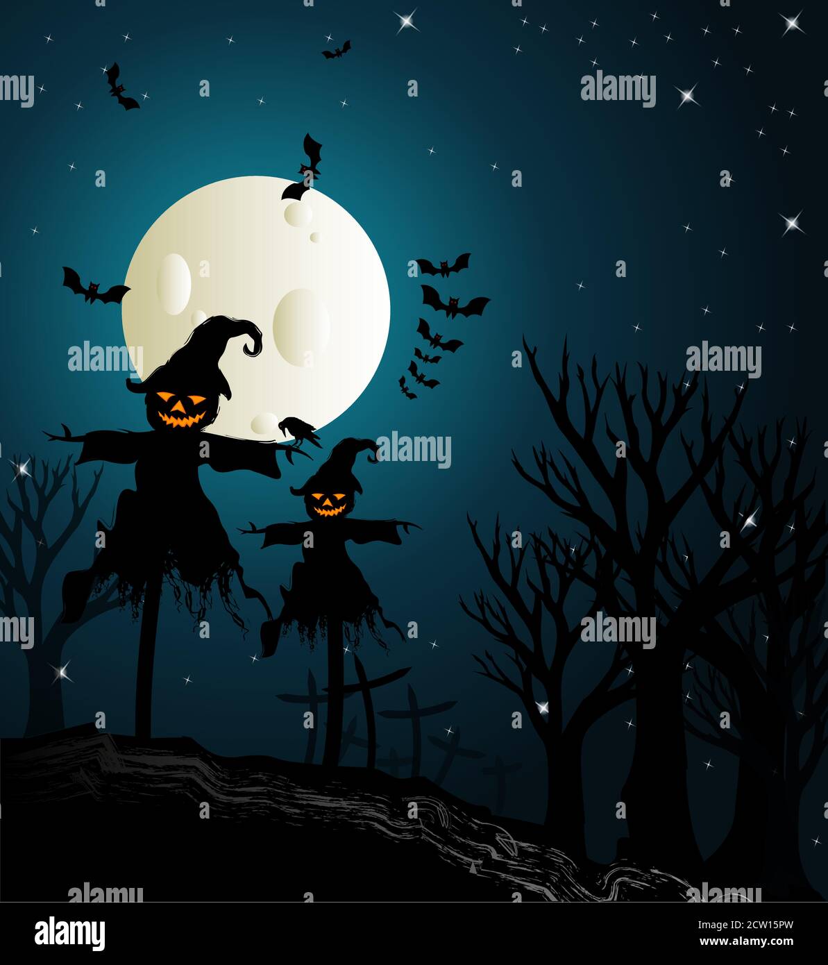 Silhouette drawing of scarecrows on a full moon halloween night. Stock Vector