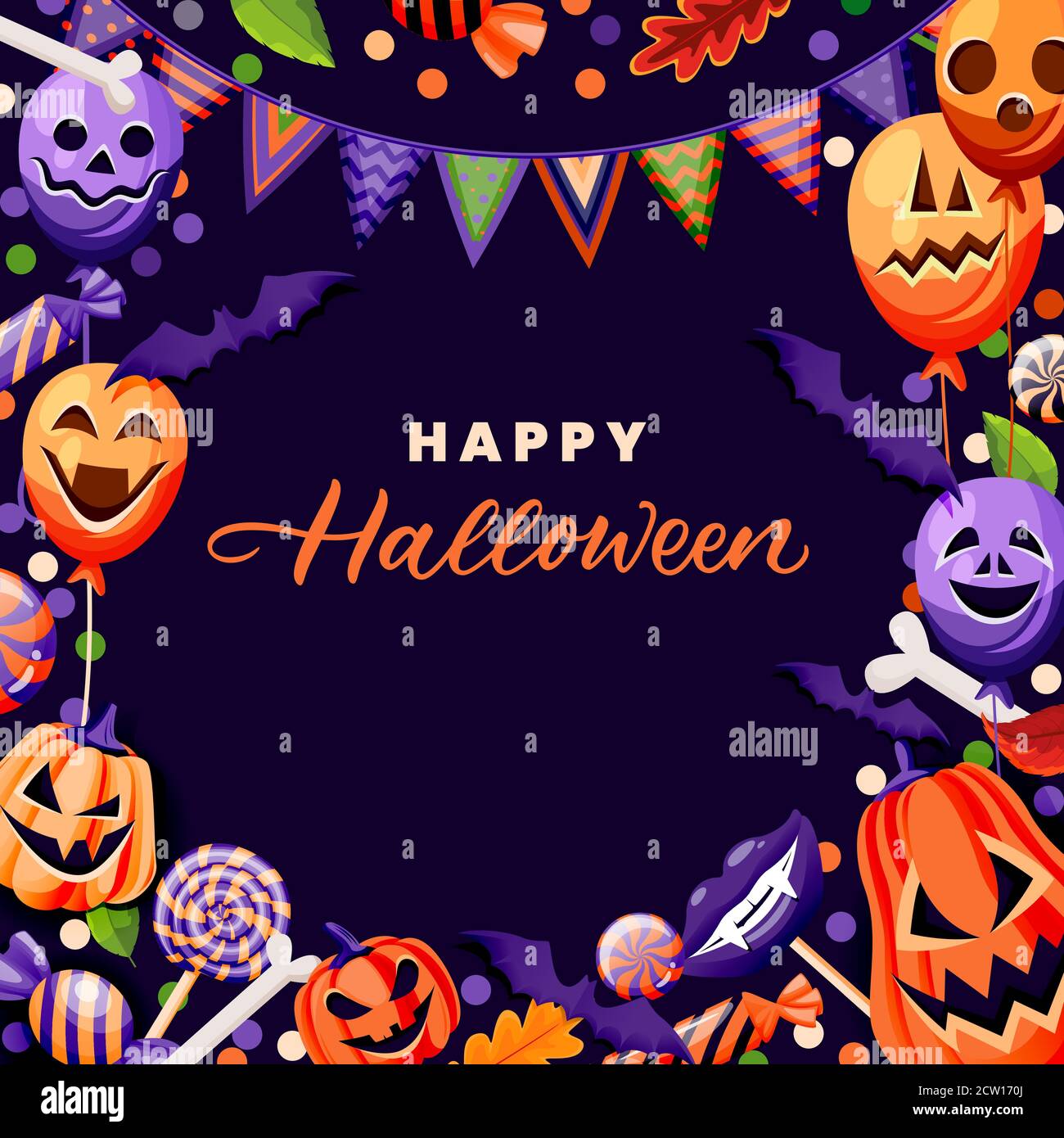 Halloween poster, banner, party invitation design template. Holiday frame with horror decoration. Balloons with grinning faces, pumpkin lanterns, bats Stock Vector