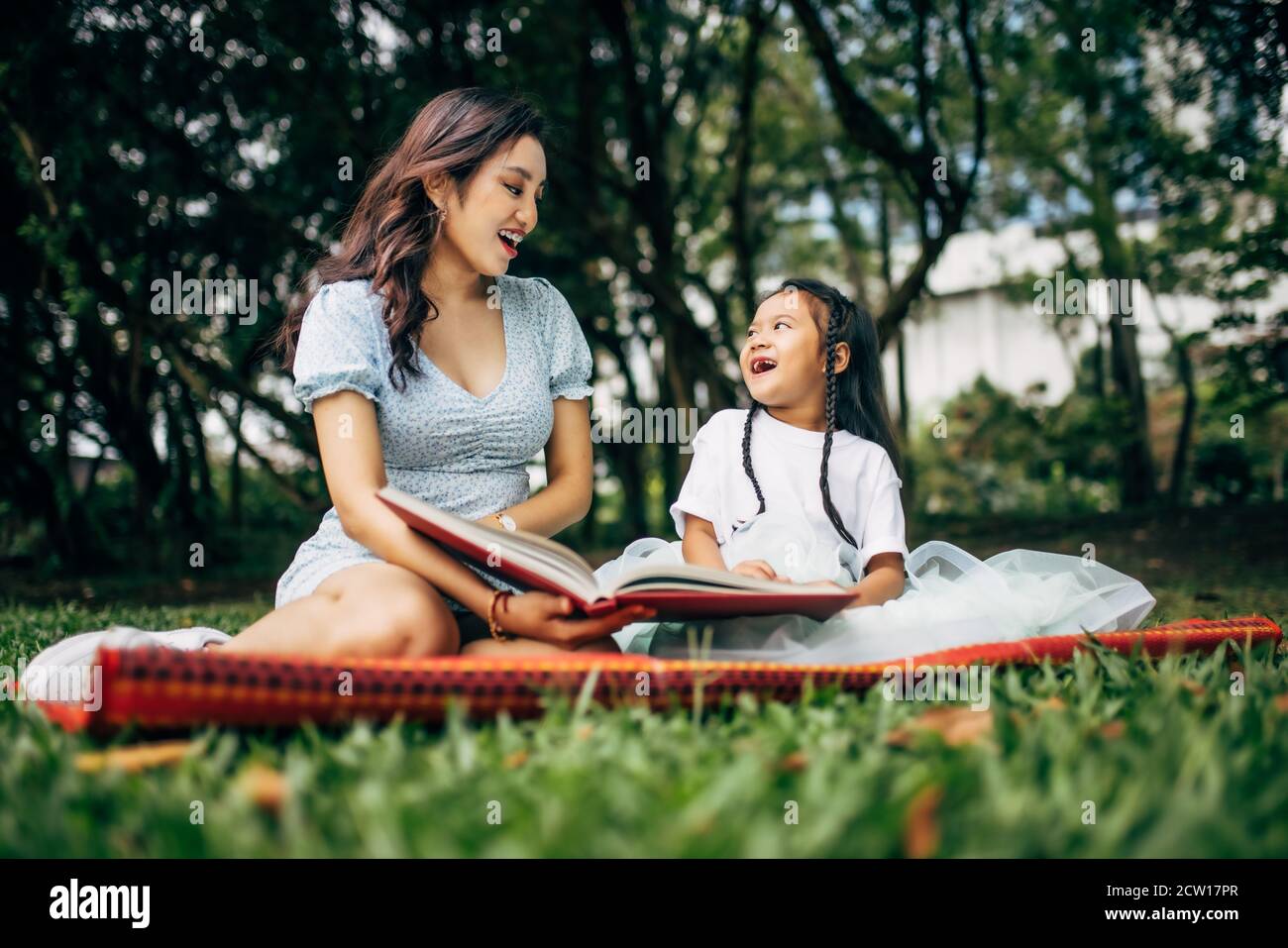 Two beautiful ladies. The oldest teaching the youngest during a picnic session. Stock Photo