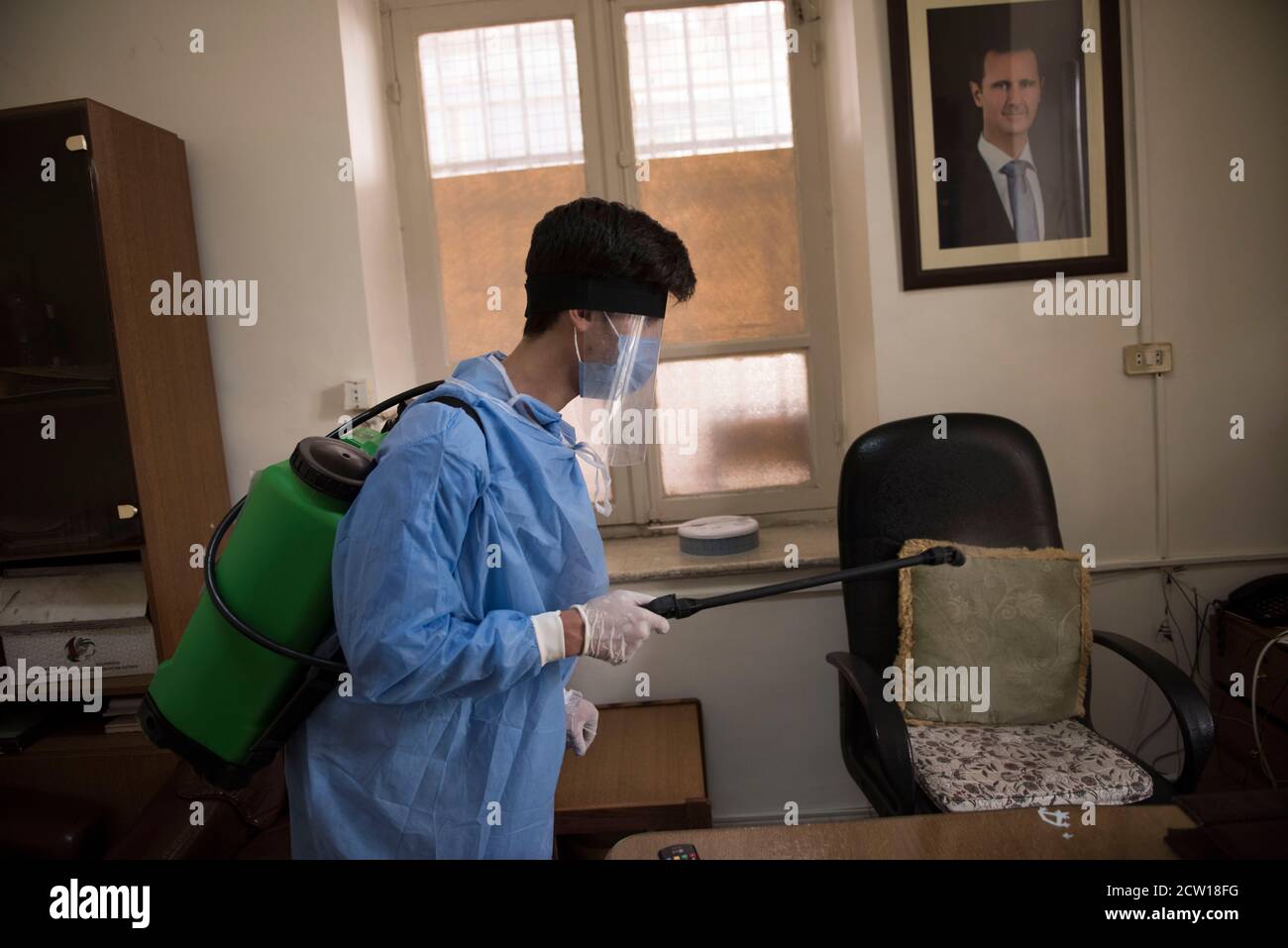 Group of Volunteers in Damascus conducting regularly sterilization session to support government during Covid -19 in Syria Damascus Stock Photo