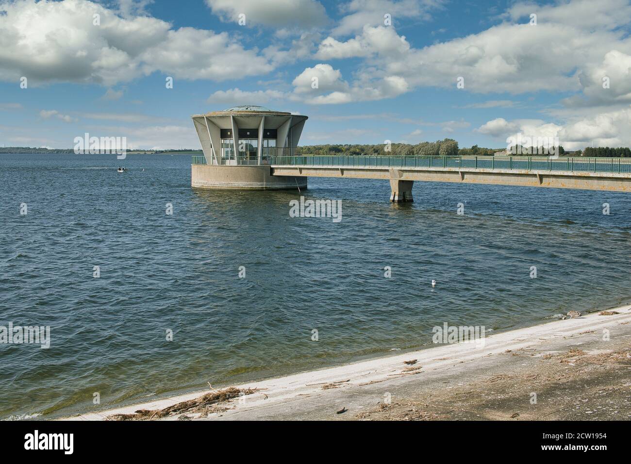 Valve tower and walkway at Grafham Water reservoir, Cambridgeshire, UK
