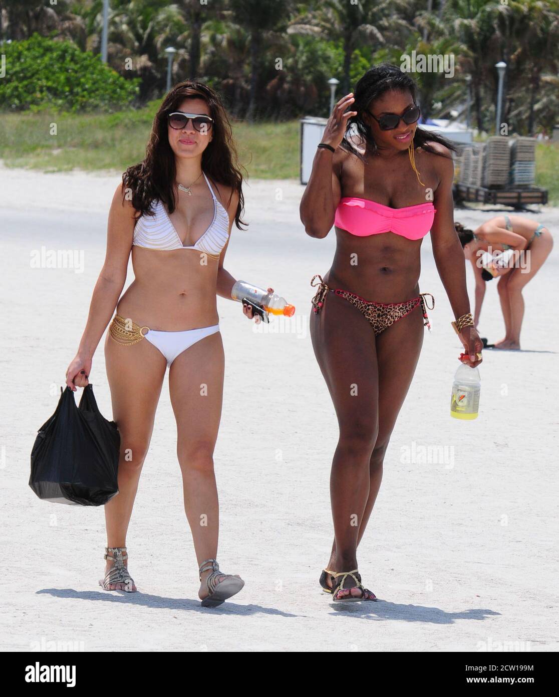 MIAMI BEACH, FL - APRIL 16:  Tennis great Serena Williams took a break from her rehab efforts with a day at the beach.  The 29-year-old hit Sobe with friends and ate some lunch on the beach and got a foot message  before taking a dip in the ocean wearing a two piece swimsuit with a pink top and leopard print bottom.  on April 16, 2011 in Miami Beach, Florida   People:  Serena Williams Stock Photo