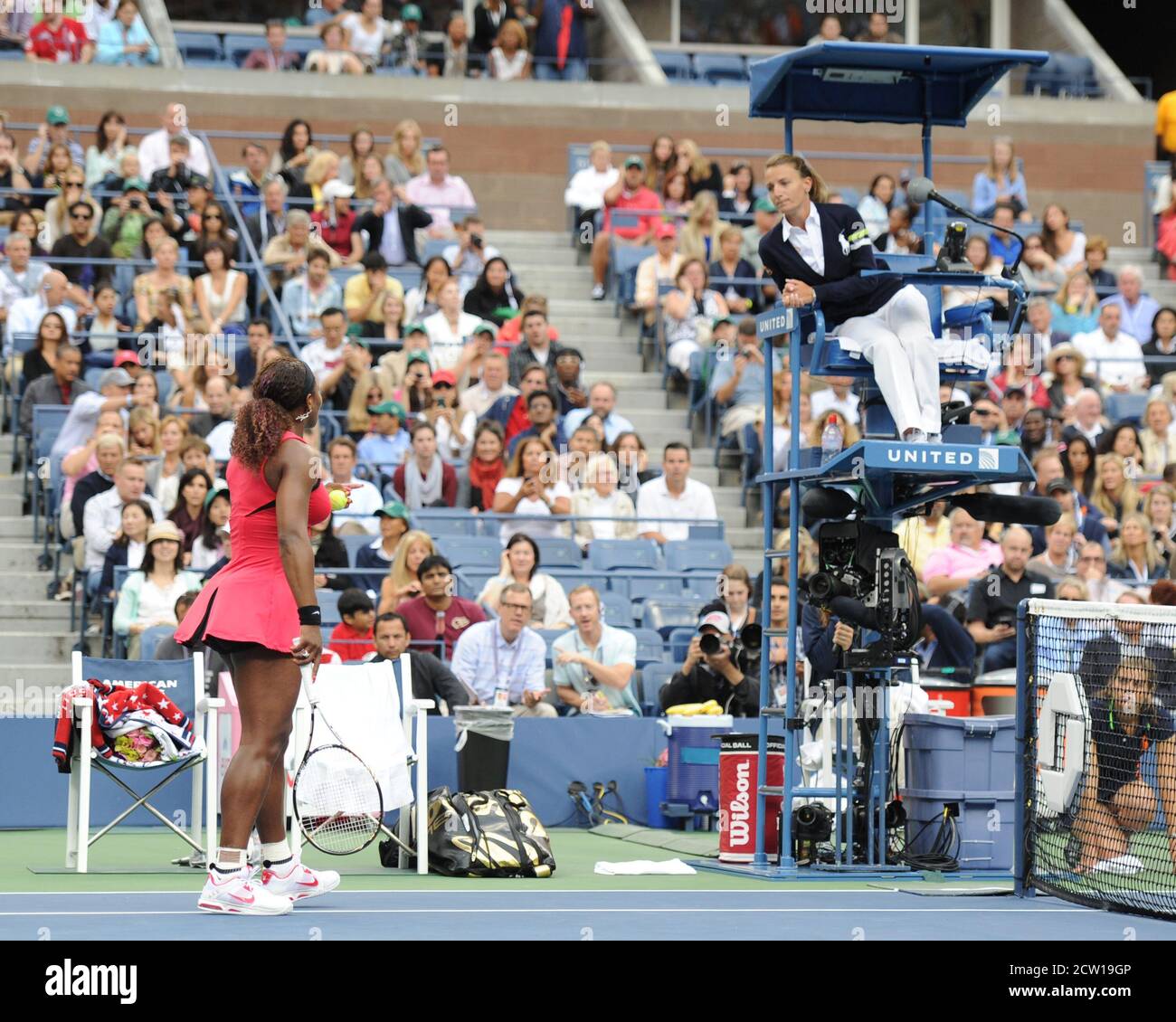 Queens, United States Of America. 13th Sep, 2011. FLUSHING NY- SEPTEMBER 11: Serena Williams argues with the judge during the womens finals on Arthur Ashe stadium at the USTA Billie Jean King National Tennis Center on September 11, 2011 in in Flushing Queens. People: Serena Williams Credit: Storms Media Group/Alamy Live News Stock Photo