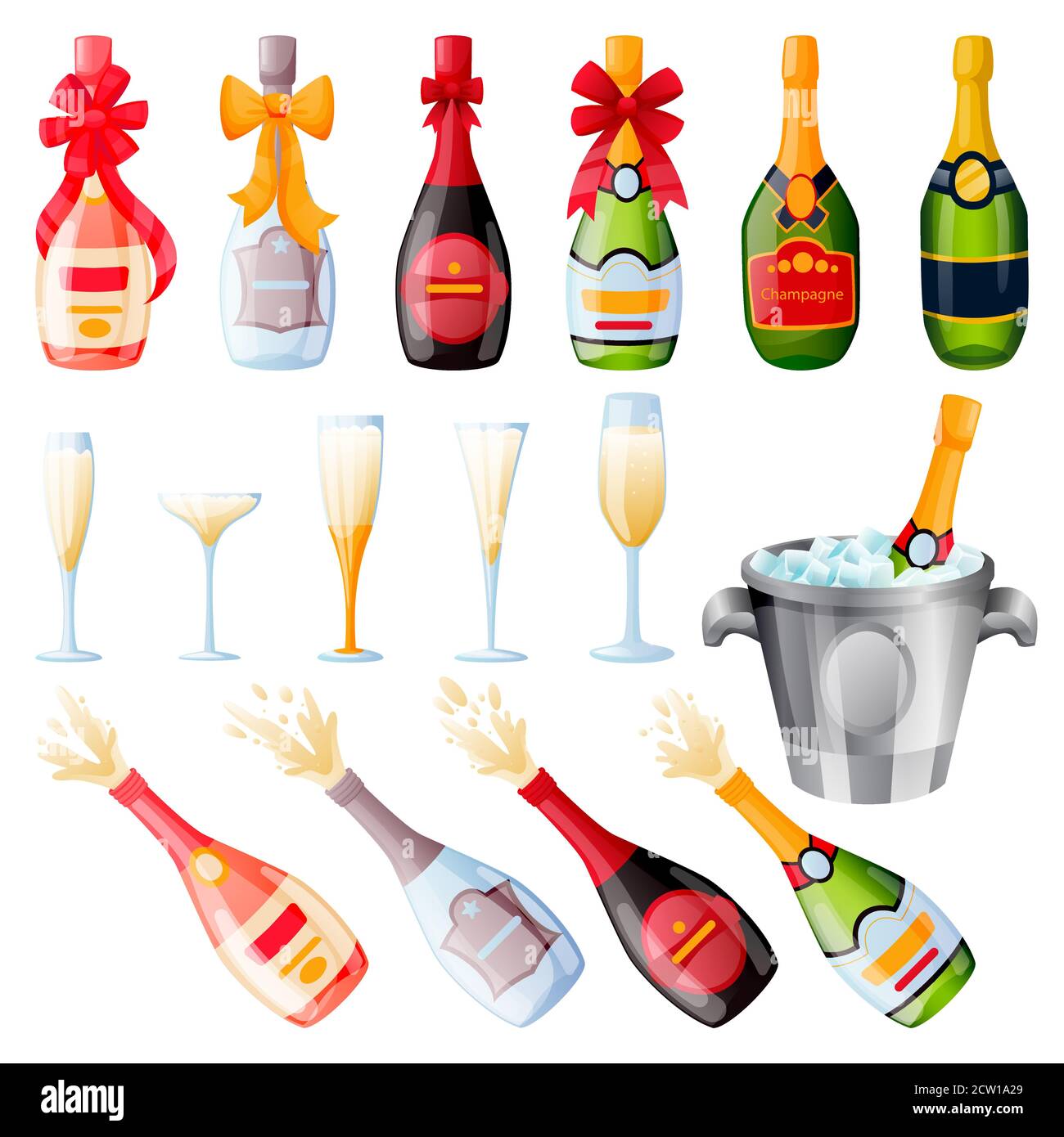 Explosion champagne bottles with bow ribbons and drinking glasses set. Vector flat cartoon illustration. Holiday alcohol set, isolated on white backgr Stock Vector