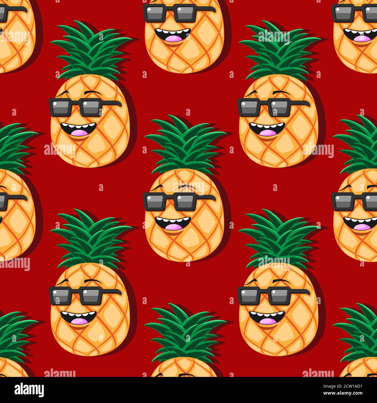 seamless pineapple cartoon pattern with glasses on red background. Vector image Stock Vector