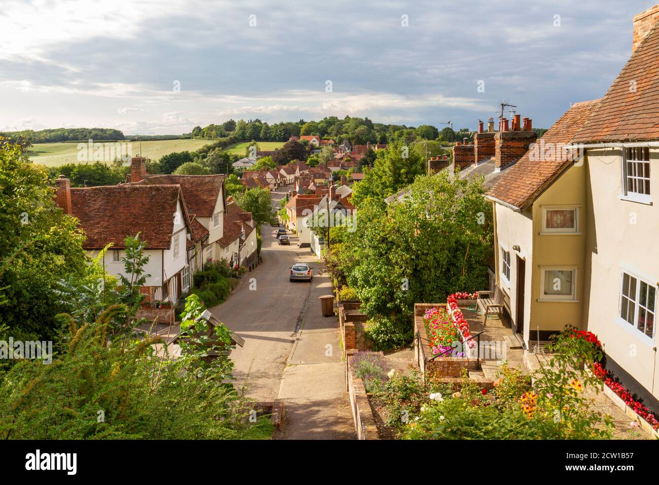 View down Church Hill over the pretty English village of Kersey, Suffolk, UK. Stock Photo