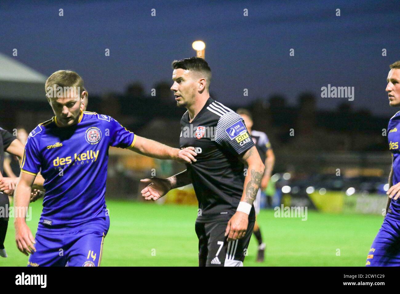 Conor Levingston holds of the advancing ADAM HAMMILL (Derry City FC)  during the Airtricity League fixture between Bohemians FC & Derry City FC 25-09- Stock Photo