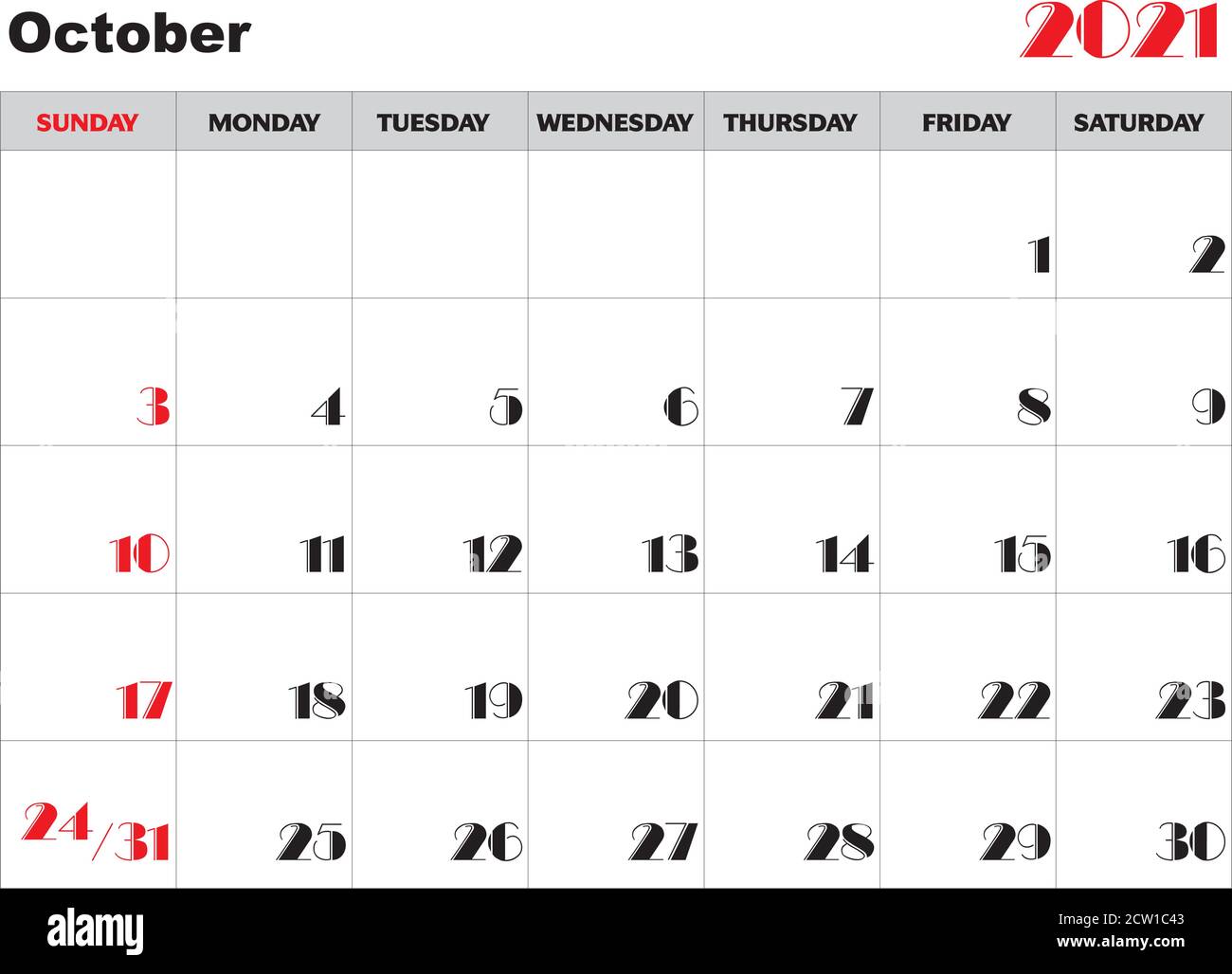 Calendar October 2021 Stock Vector