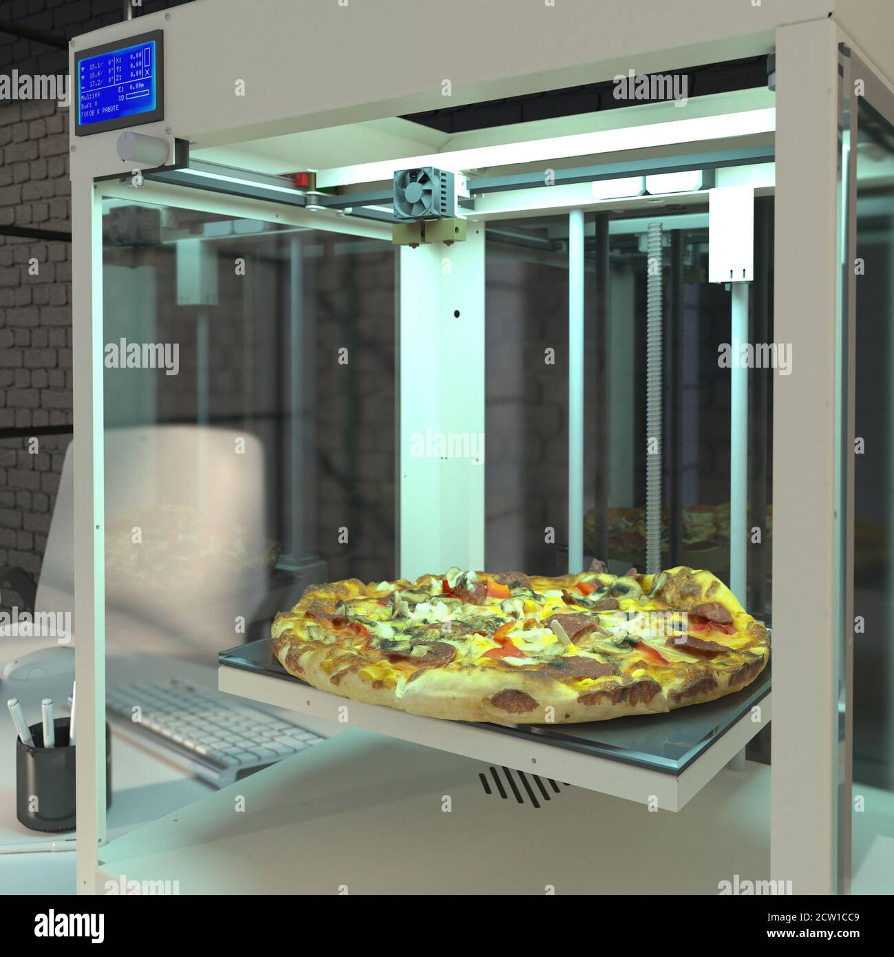 Pizza printed on a 3D printer. Synthetic food. Food 3D printer. Future concept with smart robotics and artificial intelligence. Using a 3D printer in Stock Photo
