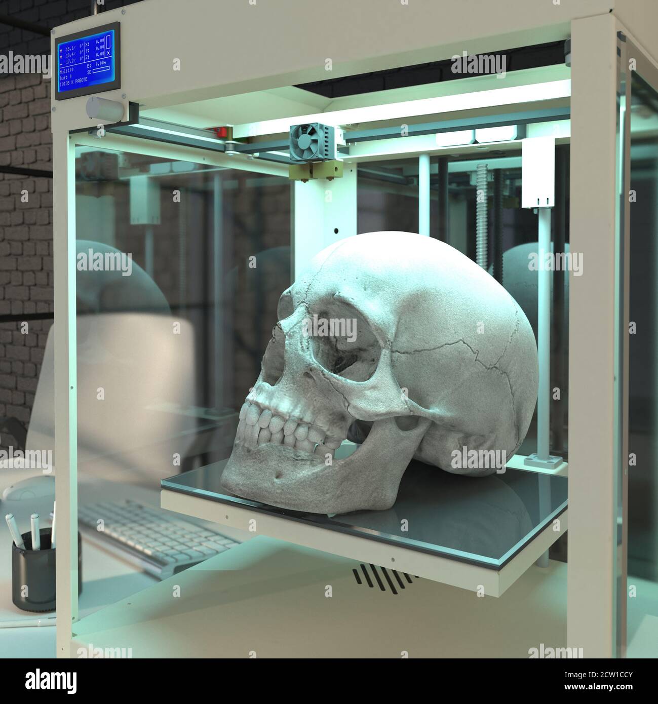 3d printer, 3d printing, human skull, skull bones, human organ, technologies of the future, organ transplant, 3D systems, Science fiction, future, art Stock Photo