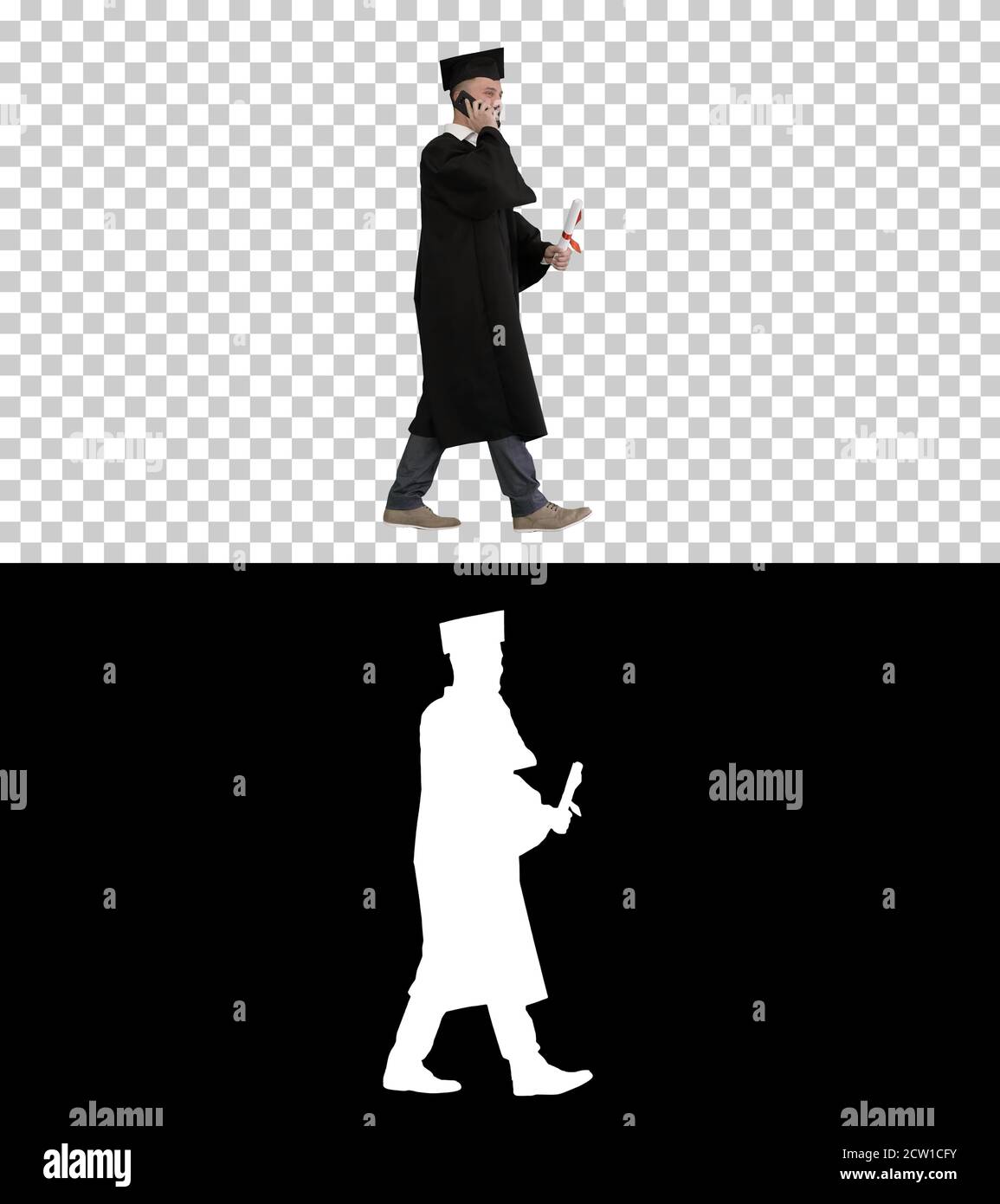 Graduating student walking and making a call, Alpha Channel with Stock Photo