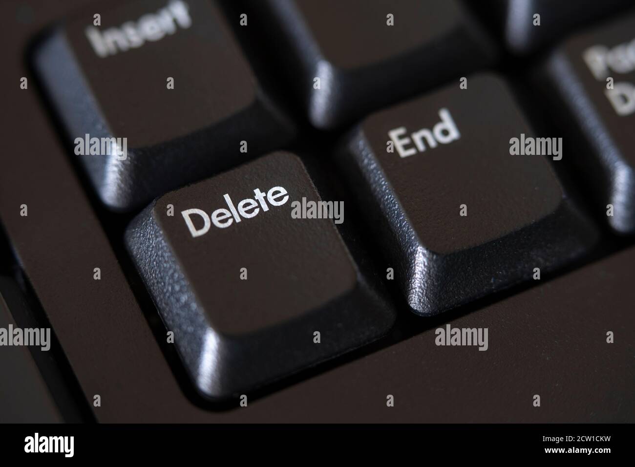 A macro closeup of the delete button on a computer keyboard. Concept: delete, remove, cancel, erase, cancel culture, deleted, removed, erased Stock Photo
