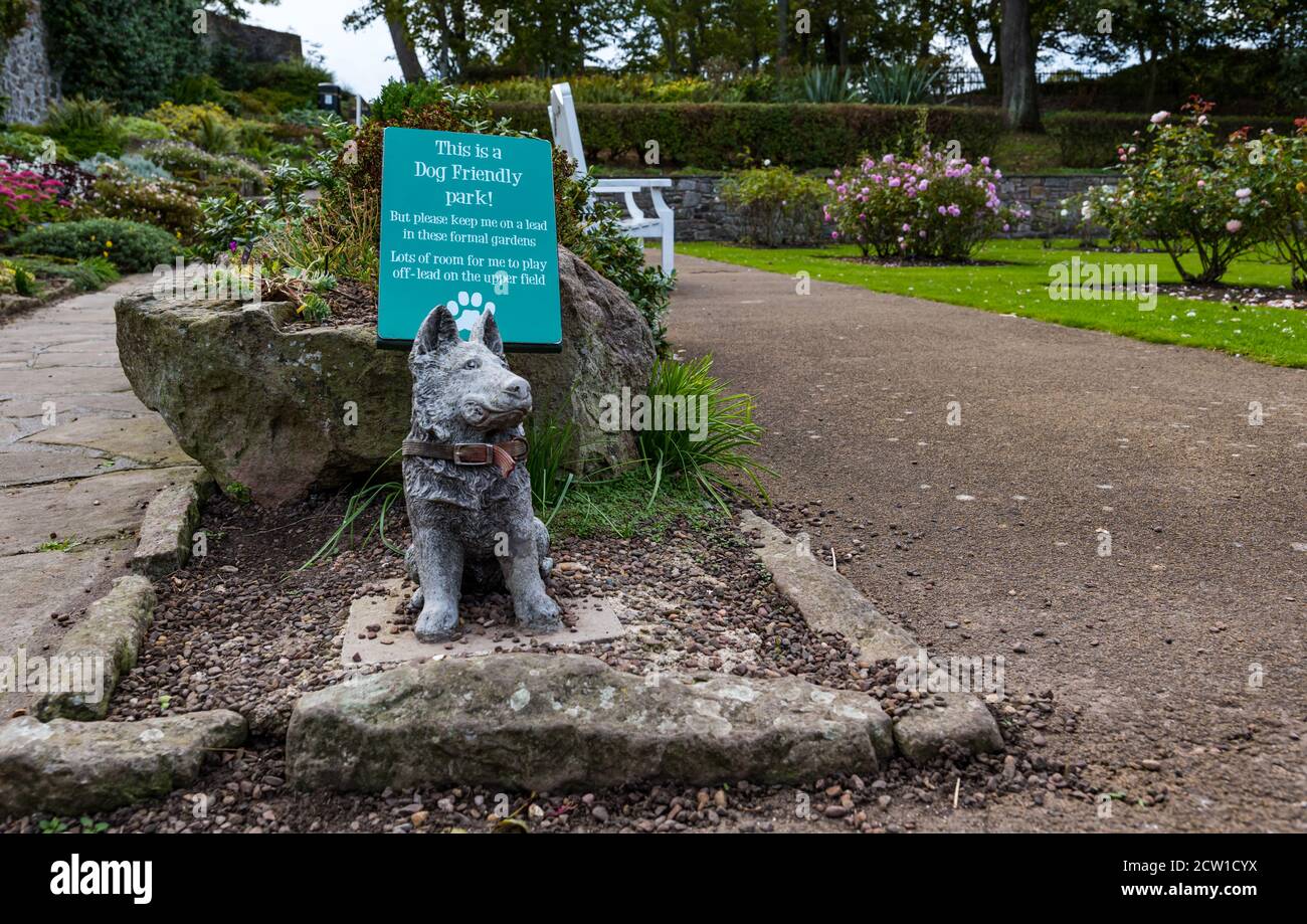 Dog sculpture and notice to keep dogs on lead, Lodge Grounds, North Berwick, East Lothian, Scotland, UK Stock Photo