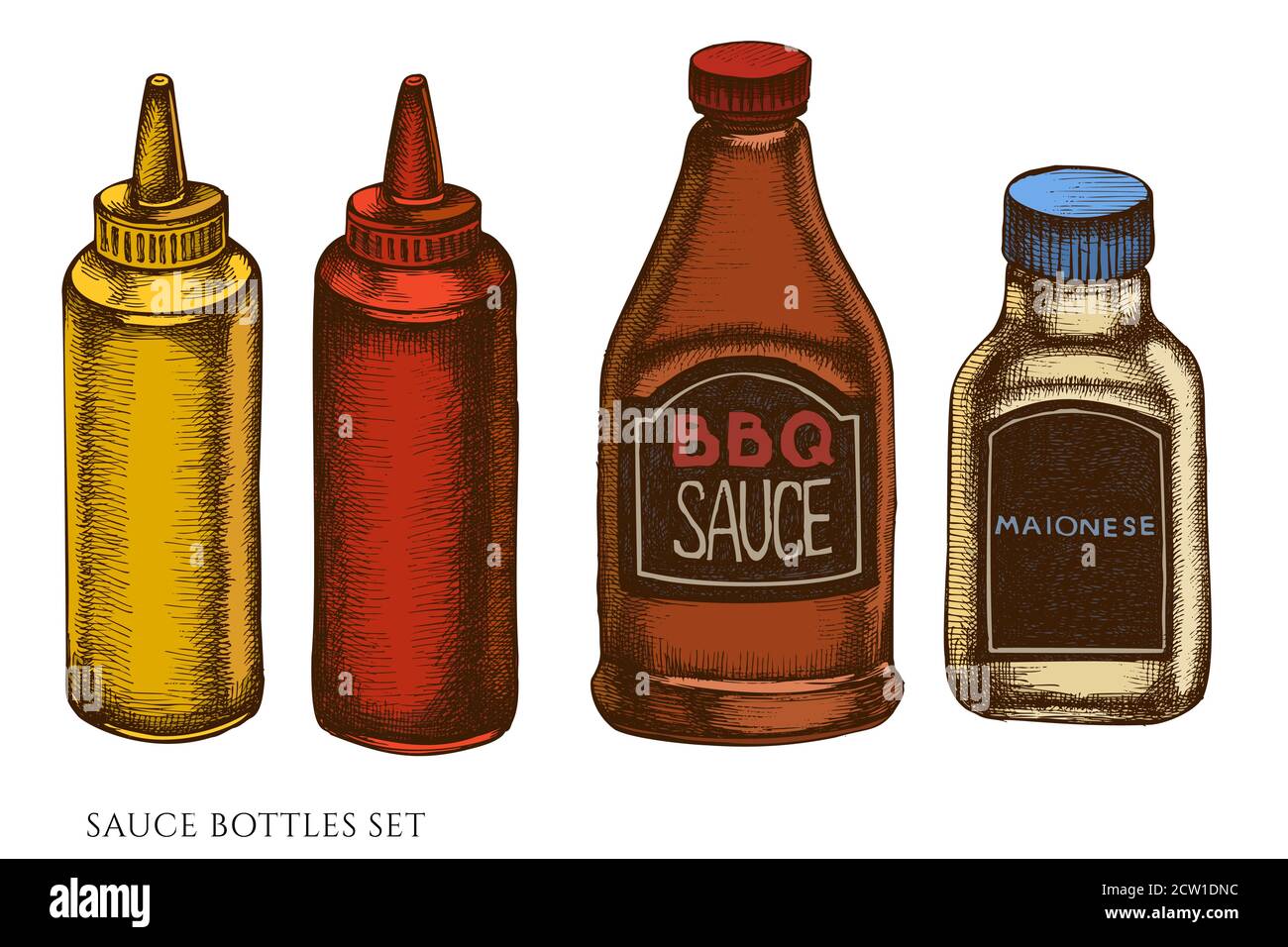Vector set of hand drawn colored sauce bottles Stock Vector Image & Art Alamy