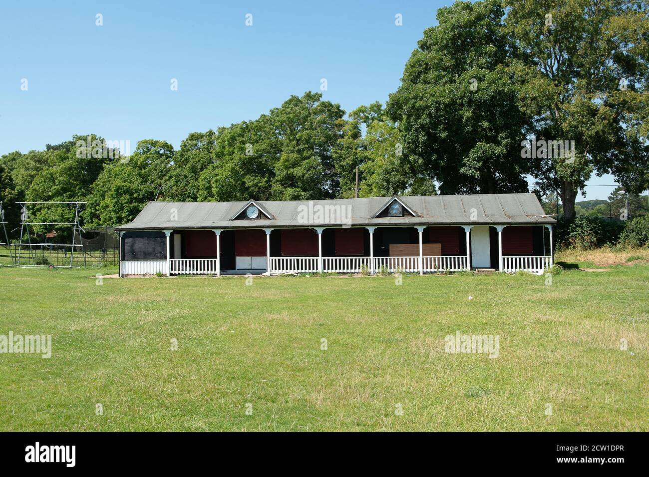 Marlow, Buckinghamshire, UK. 25th June, 2020. The Marlow Cricket Club pavilion remains boarded up as cricket is not allowed to be played yet in England due to the Coronavirus Covid-19 Pandemic lockdown rules. Credit: Maureen McLean/Alamy Stock Photo