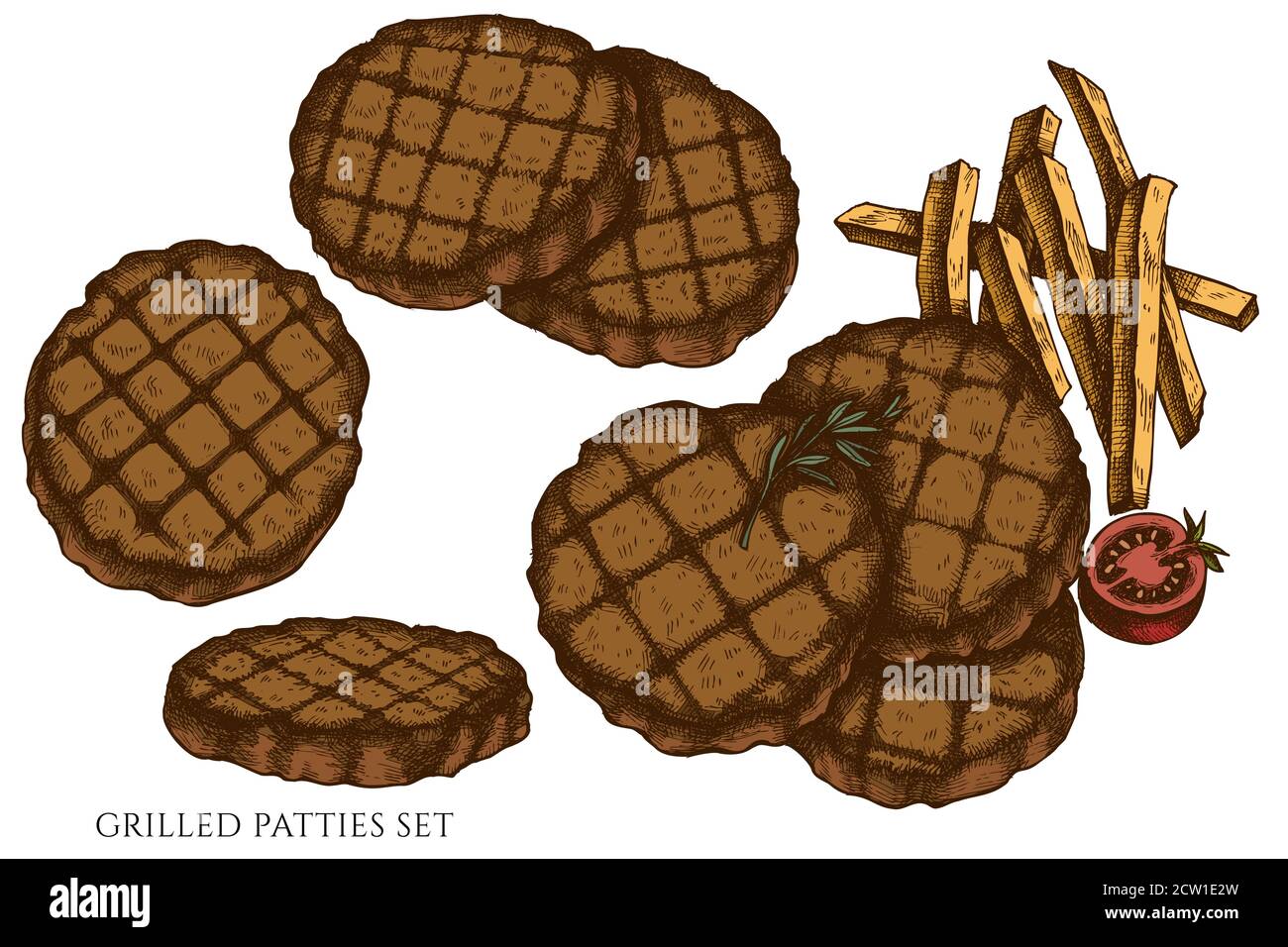 Vector set of hand drawn colored grilled burger patties Stock Vector