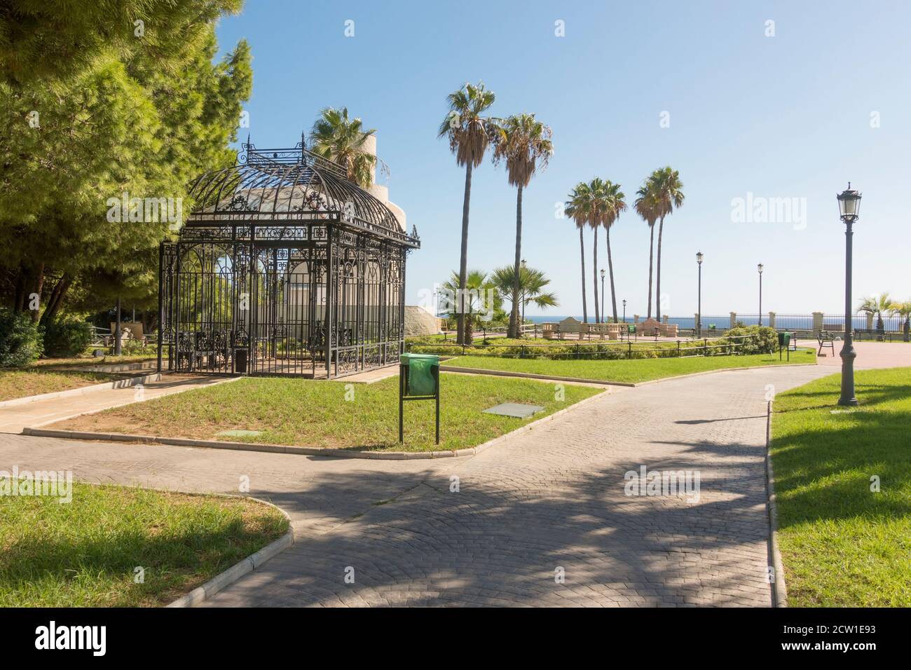 Art deco style metal pavilion in, La bateria park, Battery park in  Torremolinos, Costa del Sol, Andalucia, Spain Stock Photo - Alamy