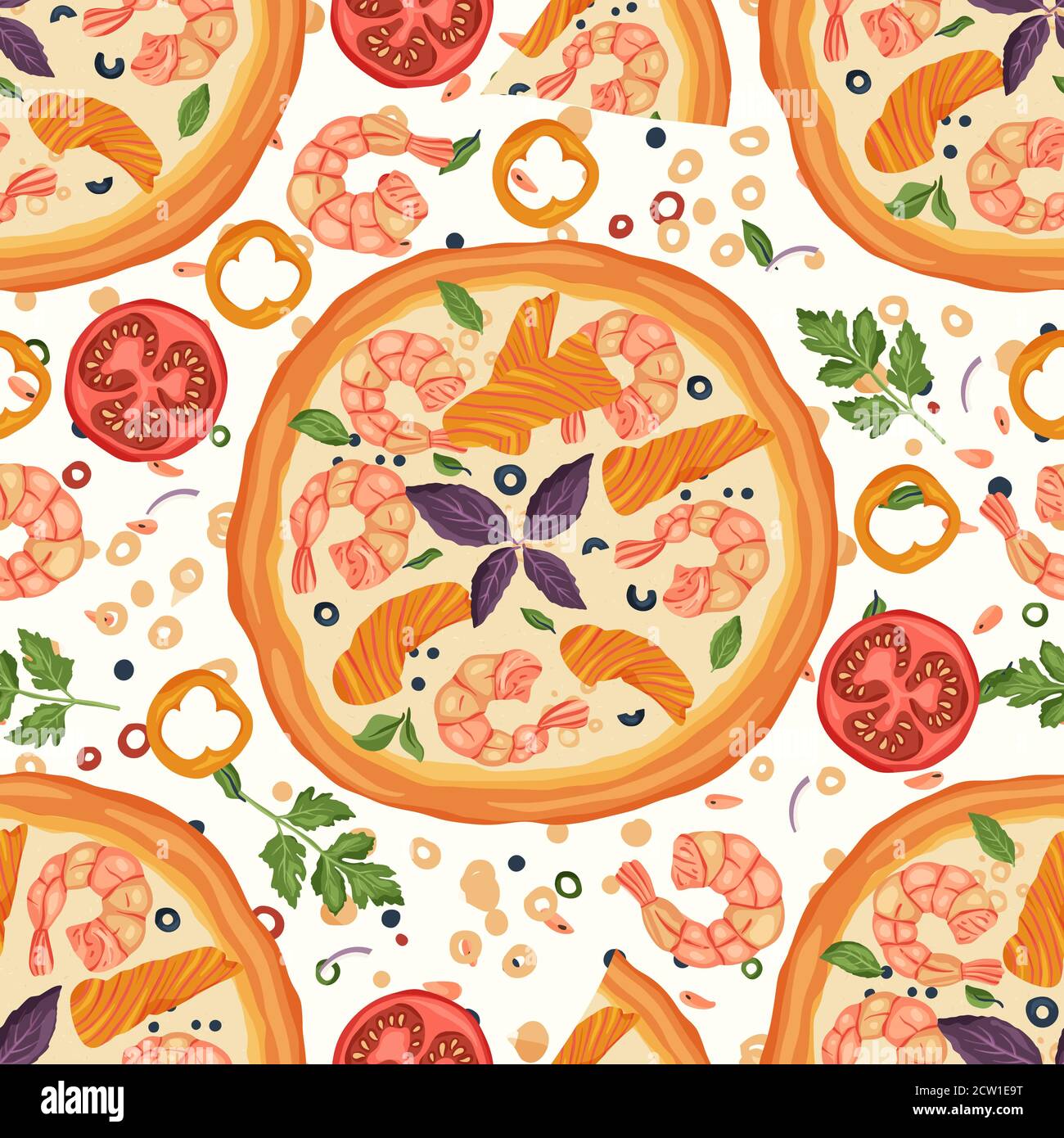 Italian cheese seafood pizza vector seamless pattern illustration. Delicious tasty snack with shrimp, tomato, pepper and salmon red fish. Flat design. Stock Vector