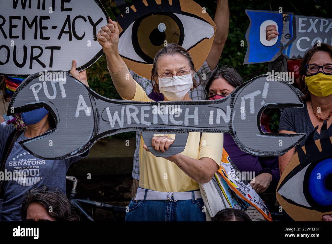 USA. 26th Sep, 2020. Political activist groups and concerned citizens gathered outside Senator Chuck Schumer's home in Brooklyn on September 26, 2020 as part of the nation wide coordinated protests targeting local politicians, demanding the Minority Leader and the Democrats to publicly, and vocally refuse to hold any hearings or confirm any new justice until after the inauguration of the next president. (Photo by Erik McGregor/Sipa USA) Credit: Sipa USA/Alamy Live News Stock Photo