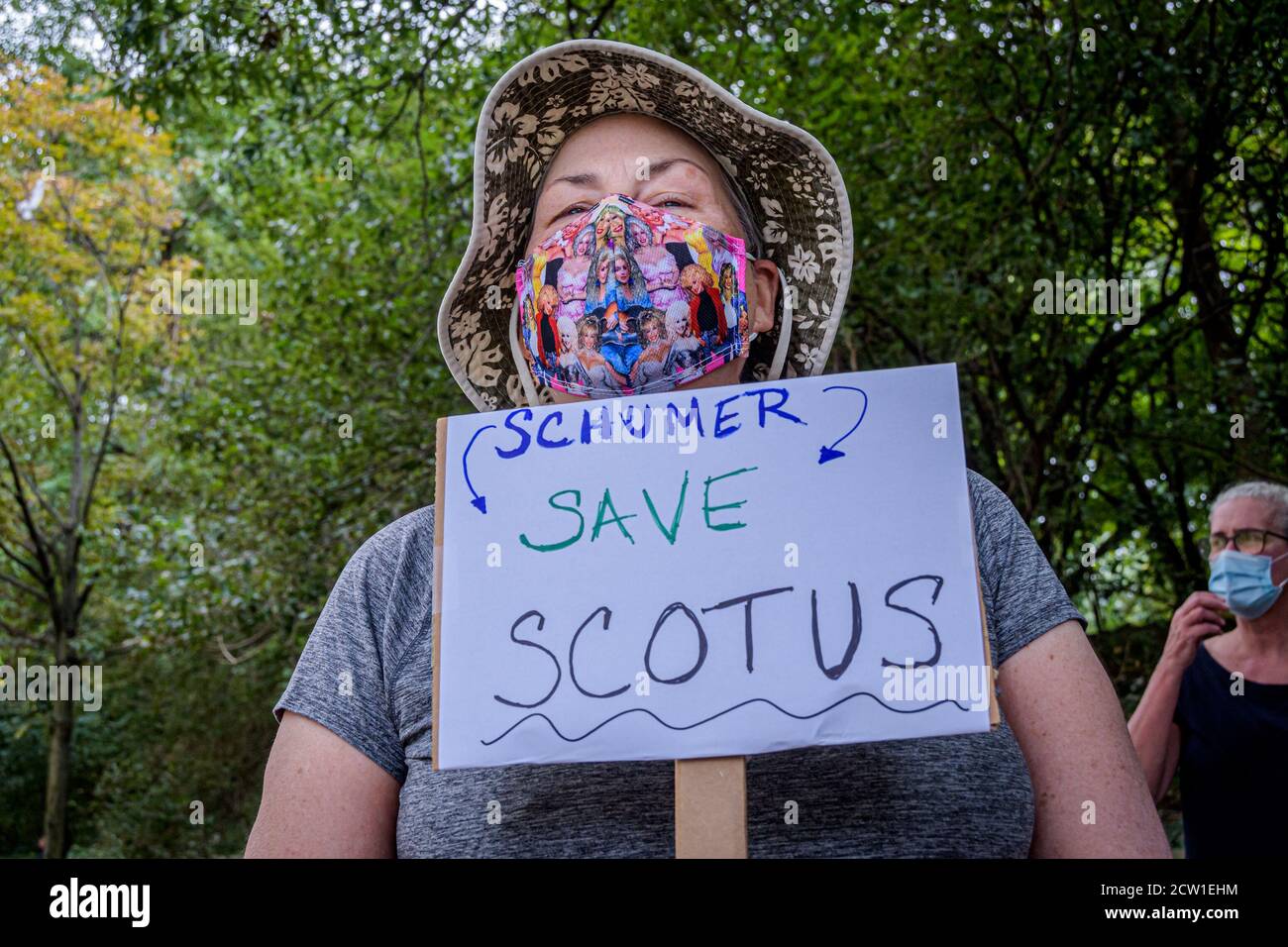 USA. 26th Sep, 2020. Political activist groups and concerned citizens gathered outside Senator Chuck Schumer's home in Brooklyn on September 26, 2020 as part of the nation wide coordinated protests targeting local politicians, demanding the Minority Leader and the Democrats to publicly, and vocally refuse to hold any hearings or confirm any new justice until after the inauguration of the next president. (Photo by Erik McGregor/Sipa USA) Credit: Sipa USA/Alamy Live News Stock Photo