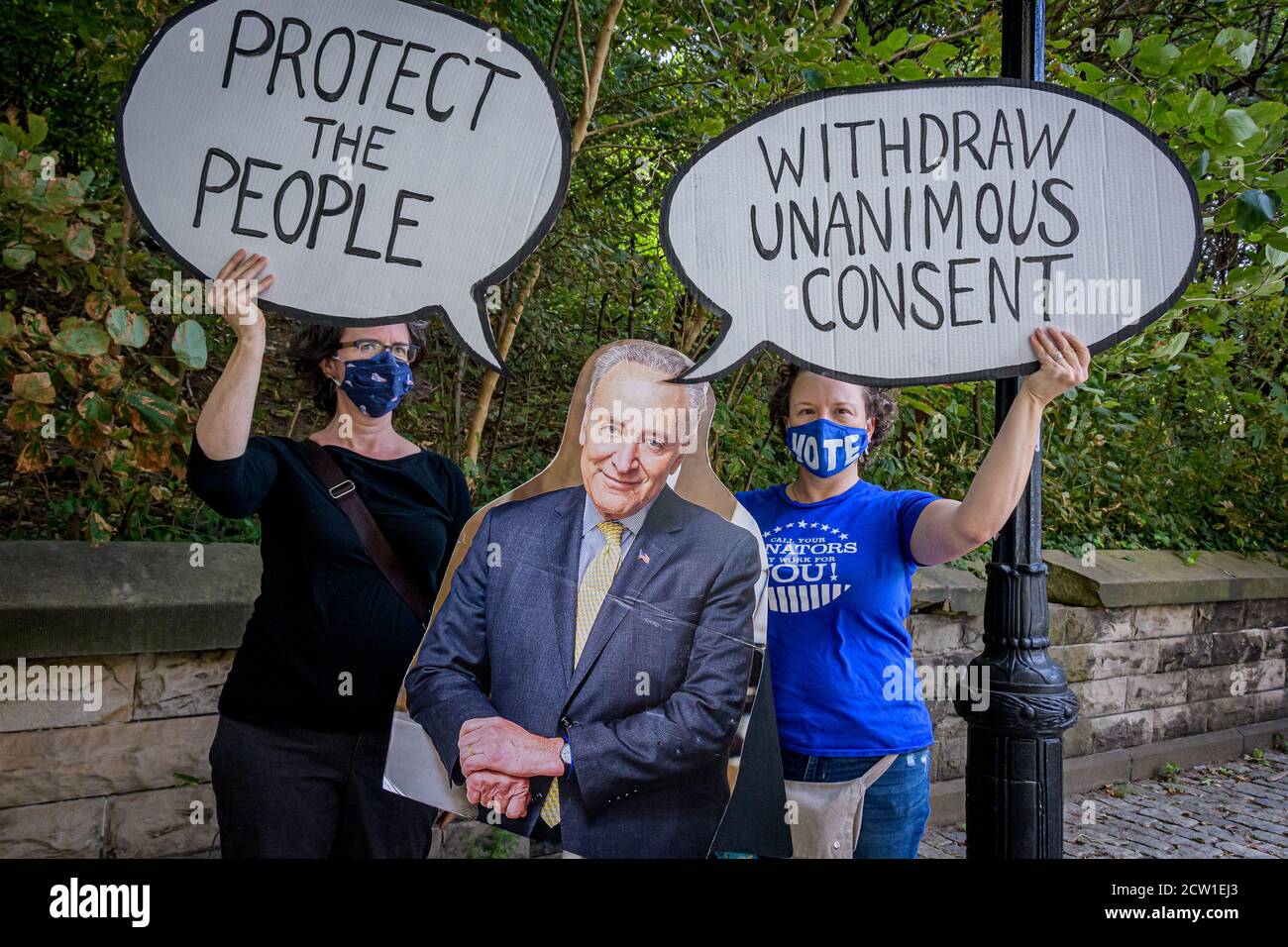 USA. 26th Sep, 2020. Political activist groups and concerned citizens gathered outside Senator Chuck Schumer's home in Brooklyn on September 26, 2020 as part of the nation wide coordinated protests targeting local politicians, demanding the Minority Leader and the Democrats to publicly, and vocally refuse to hold any hearings or confirm any new justice until after the inauguration of the next president. (Photo by Erik McGregor/Sipa USA) Credit: Sipa USA/Alamy Live News Stock Photo