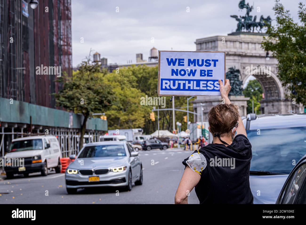 USA. 26th Sep, 2020. Political activist groups and concerned citizens gathered outside Senator Chuck Schumer's home in Brooklyn on September 26, 2020 as part of the nation wide coordinated protests targeting local politicians, demanding the Minority Leader and the Democrats to publicly, and vocally refuse to hold any hearings or confirm any new justice until after the inauguration of the next president. (Photo by Erik McGregor/Sipa USA) Credit: Sipa USA/Alamy Live News Stock Photo