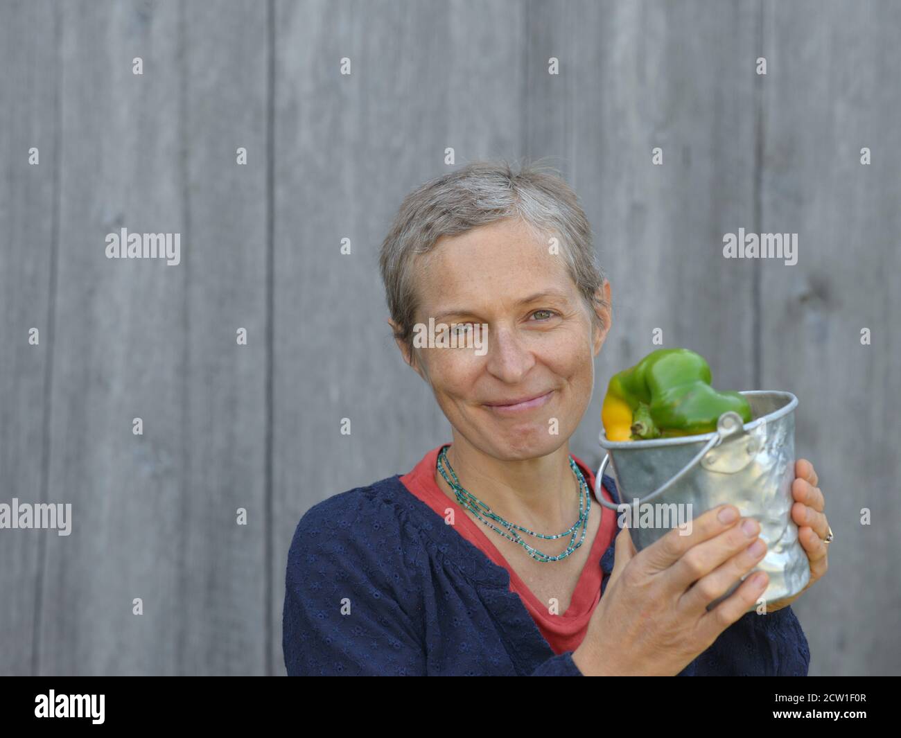 Modern middle-aged Caucasian Canadian country woman with short hair shows a small bucket full of homegrown large organic bell peppers. Stock Photo
