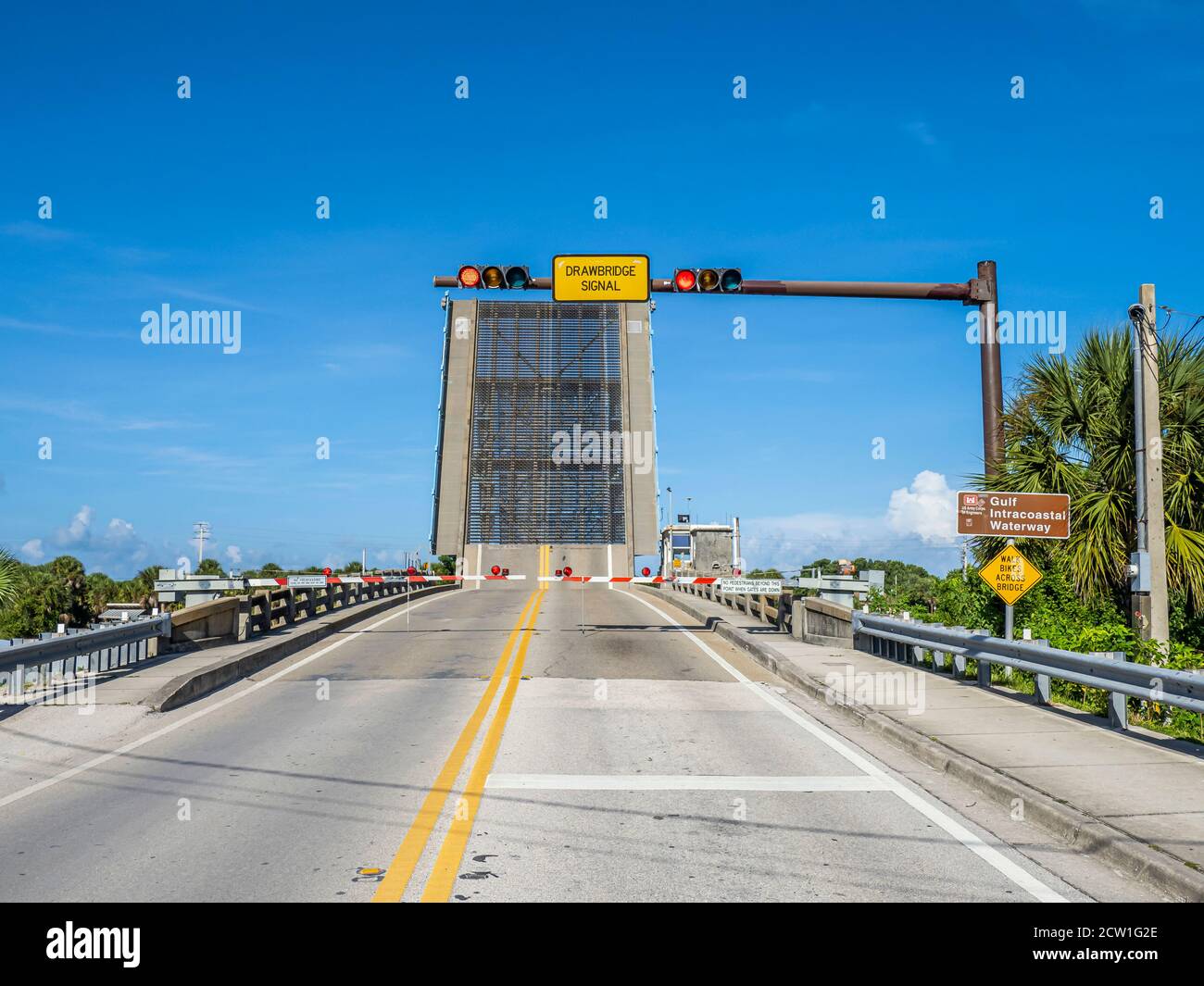 Lift Bridge over Gulf Intercastal Waterway in raised up position in Venice Florida Stock Photo