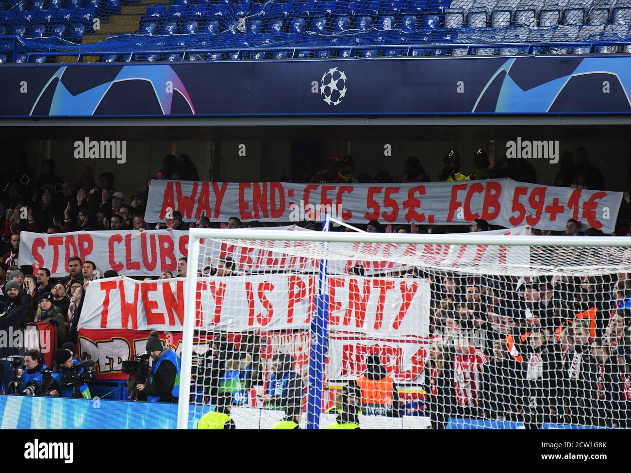 LONDON, ENGLAND - FEBRUARY 26, 2020: Bayern fans display a protest banner during the 2019/20 UEFA Champions League Round of 16 game between Chelsea FC and Bayern Munich at Stamford Bridge. Stock Photo