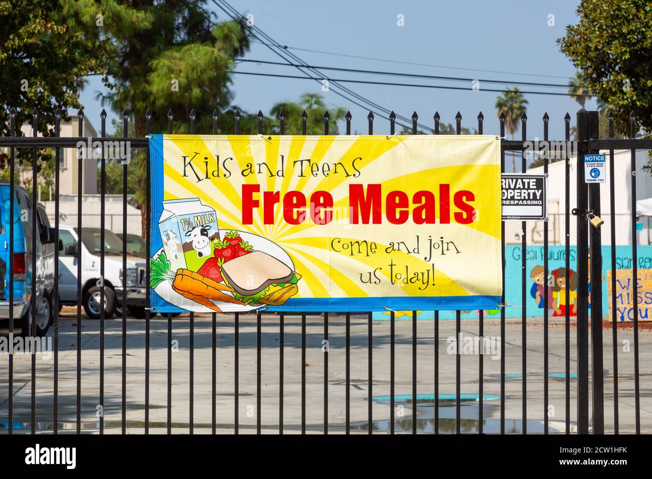 Free meals for kids and teens sign at the Boys and Girls Club of the West Valley, Canoga Park, California Stock Photo