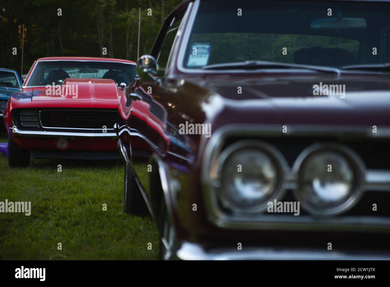 The vintage American car is in the front and out of focus, and another classic car of 1967 or 1969 is in the focus in the background. Stock Photo