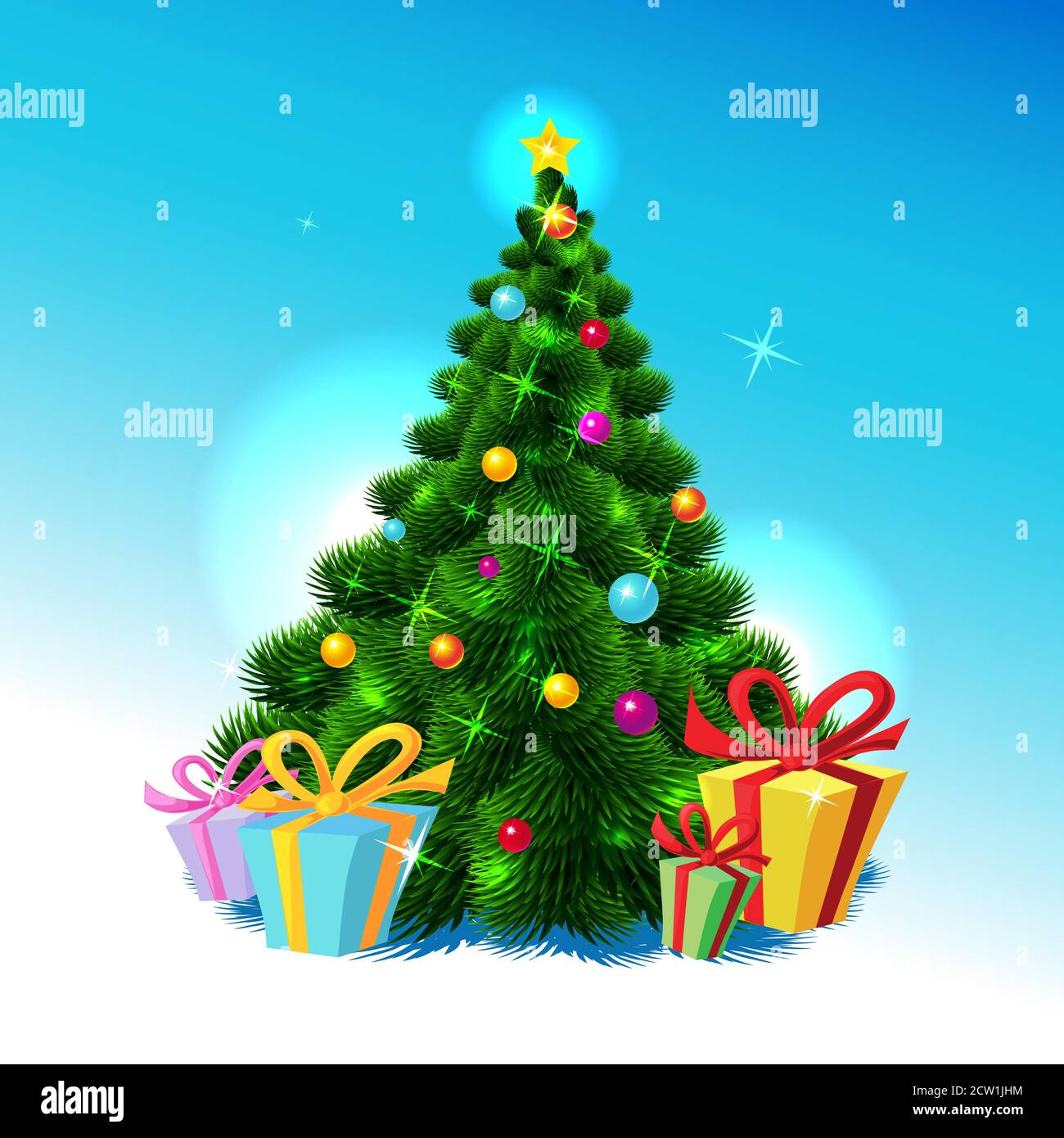 Colorful Christmas Tree on Blue and Snow Backgrounds - Vector ...