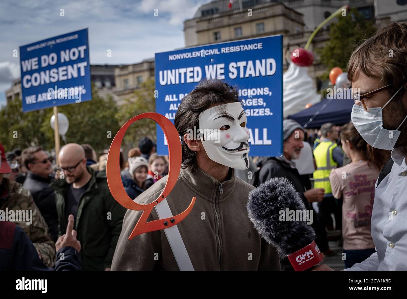 Thousands of maskless demonstrators ignore social distancing for ‘We Do Not Consent’ anti-lockdown protest and rally in Trafalgar Square, London, UK. Stock Photo